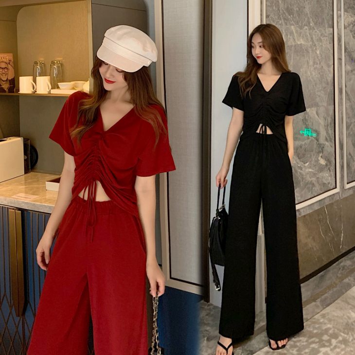 セットアップ レディース 夏 パンツスーツ ぽっちゃり S-5L ダンス衣装 即納 有 大きいサイズ 上下セット 黒 赤 cfomo-92089 カジュアル 夏服 半袖