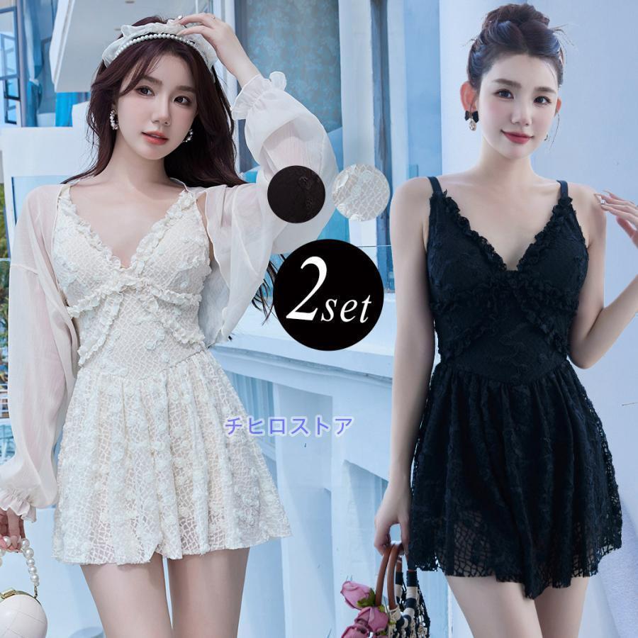 透け30%OFF安い 白 黒 かわいい おしゃれ 羽織り レース 花柄 2way 体型カバー 2点セット ボレロ オールインワン ワンピース レディース 水着 【6月新品＆イベントセール】夏 5,286円