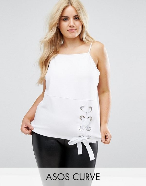 ASOS エイソス レディース 大きめサイズ ゆったりサイズ 送料無料 White CURVE Cami in Ponte with Eyelet Lace Up Detail