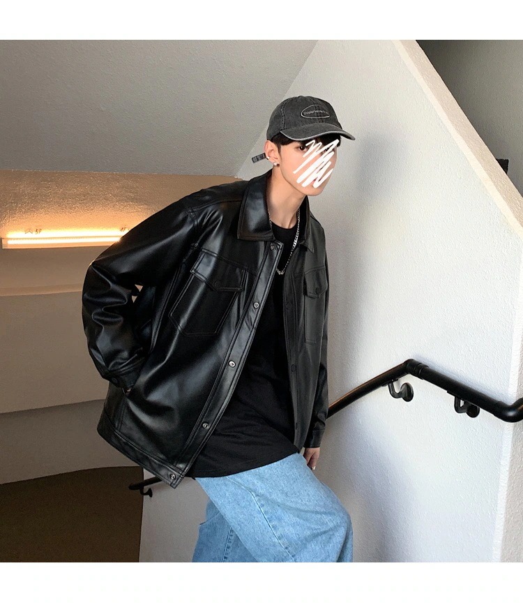 韓国ファッション 秋 バイク レザー メンズ 短いスタイル ライダースジャケット