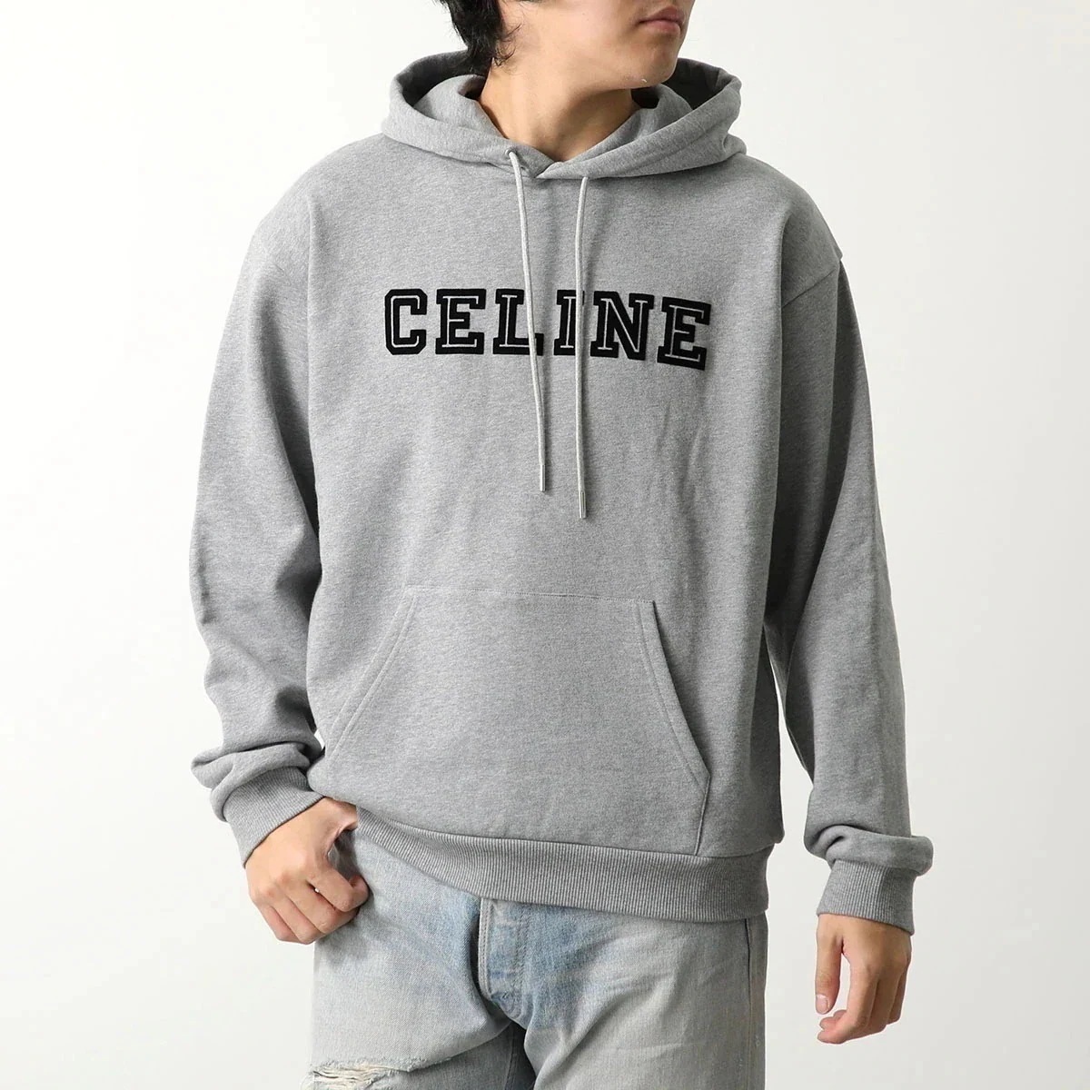 CELINE セリーヌ フーディー RY032510Z.08BQ メンズ スウェット プルオーバー パーカー ロゴ フロッキープリント コットン グレー