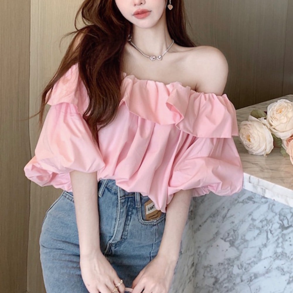 [セントイブ] T25641フリルレースオフショルダーパフ袖ブラウス