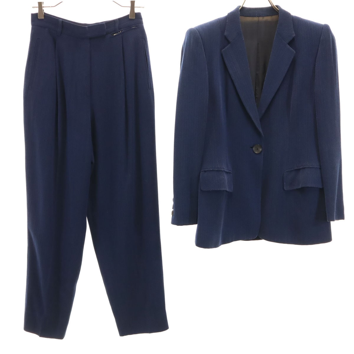 90s イタリア製 オールド ヘリンボーン パンツスーツ 上下セットアップ 40/42 ネイビー レディース 古着