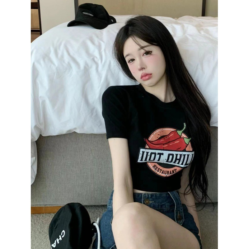 2024半袖超ショートへそ出しシャツ女性用ゆったり学生トップス後ろ衿付き