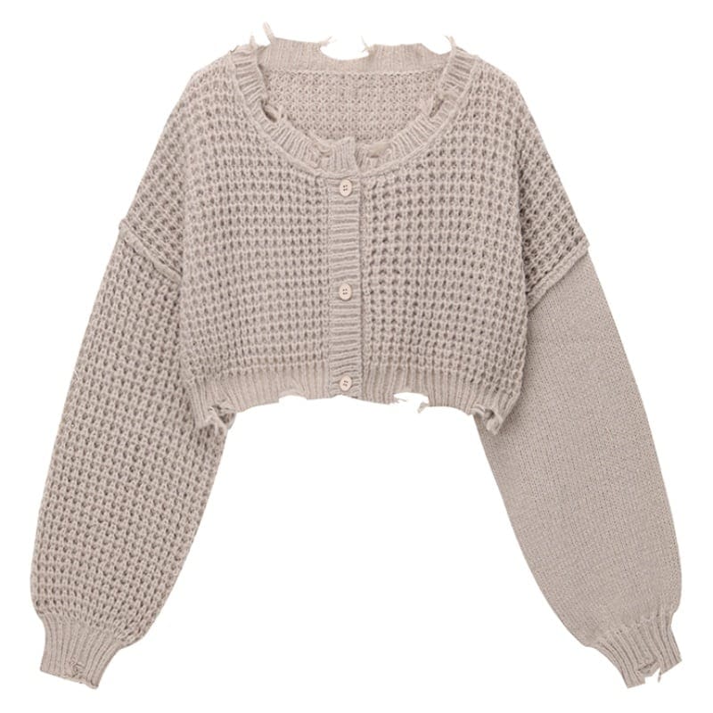 3color カーディガン ショート丈 ダメージ加工 ヴィンテージ 長袖 萌え袖 デートコーデ