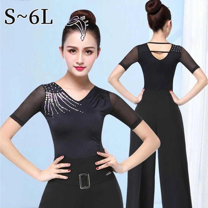 .再入荷なし！数量限定社交ダンス衣装 トップス 半袖 ラテンダンス 衣装 ダンストップス ダンスウェア ダンス衣装 ストレッチ着 ステージ衣装 舞台 ブラック 黒 レッスンウェア ラテン モダン コー