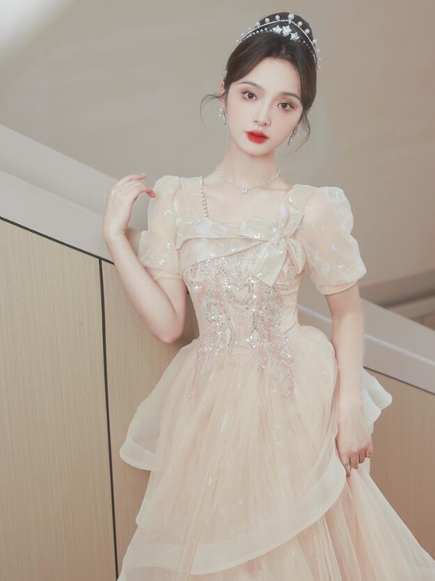 【送料無料】洋服 ロングドレス 衣装 ステージ ロング丈ワンピース プリンセスライン 半袖 ドレス 花嫁の介添え人