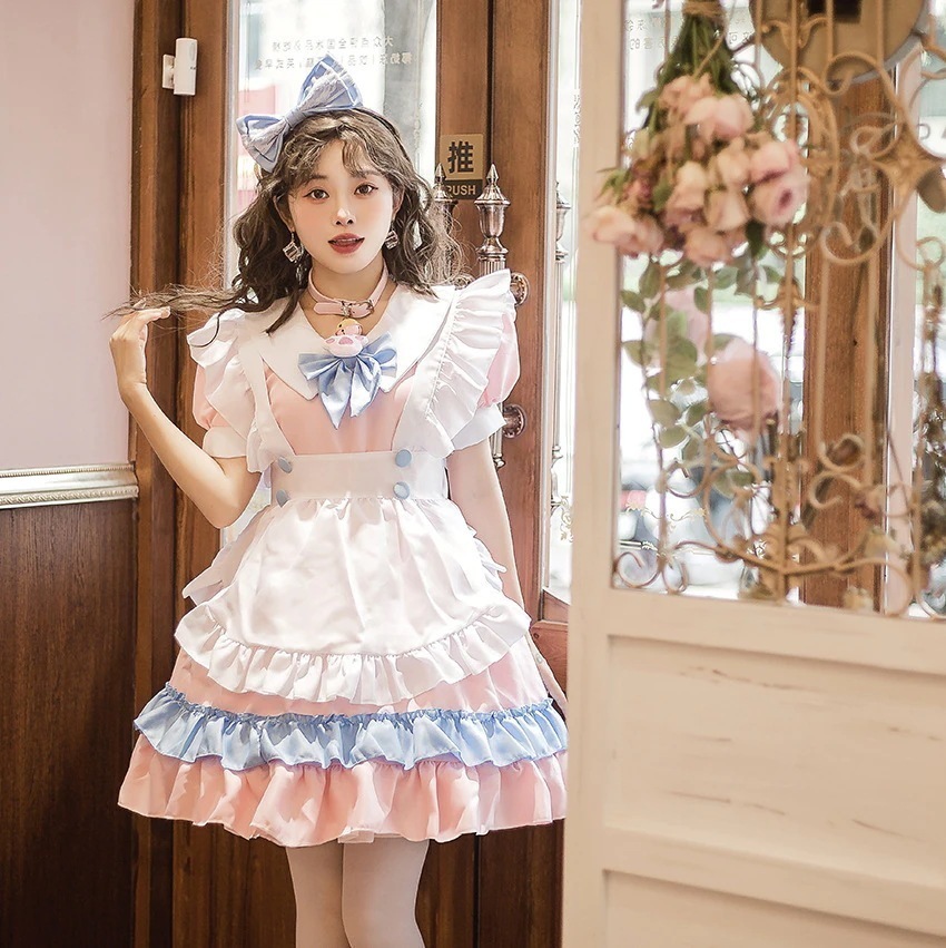 大きいサイズメイド服超萌え大きい蝶結びロリータワンピース婦人服ピンク青いかわいいスカート