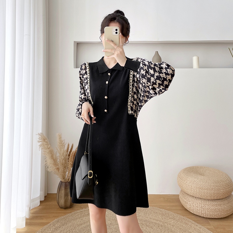 【送料無料】マタニティ ワンピース 授乳口付き バイカラー パール 長袖 レディース 可愛い