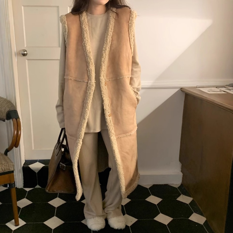 冬用厚手チョッキ韓国風レイジースタイル暖かいイミテーションラムファーオールインワンミドル丈ベストジャケット