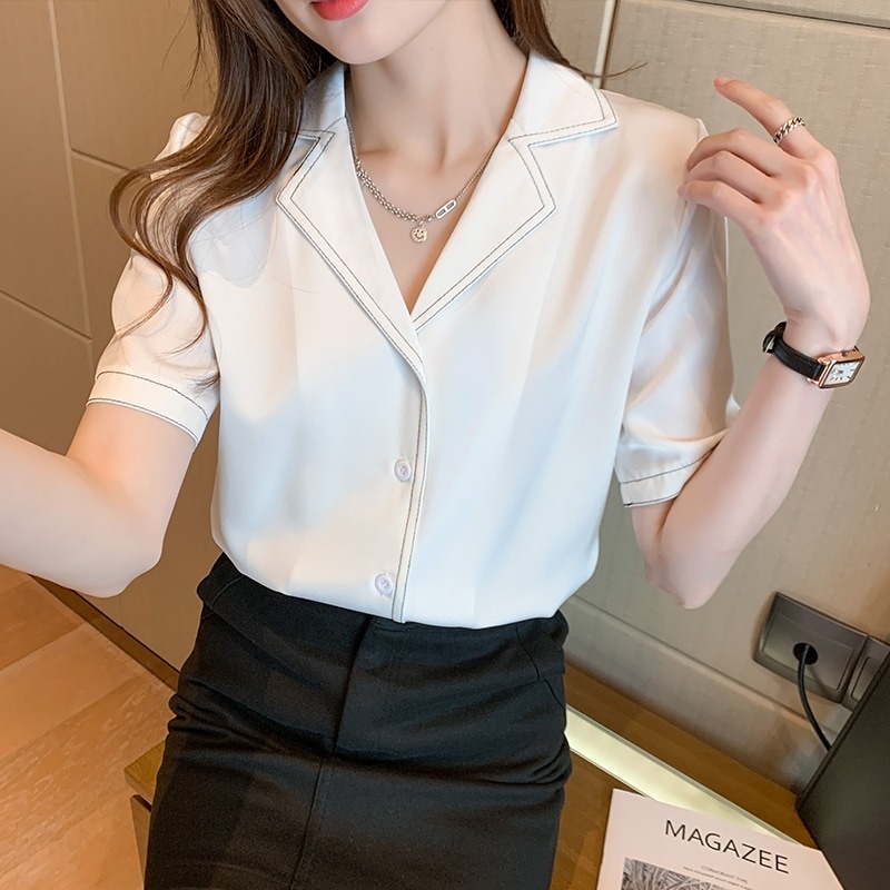 シャツ ブラウス レディース 半袖 Vネック 襟付き かわいい 大人可愛い きれいめ シンプル カジュアル 無地 春 夏 ママ 学生 デート お出かけ オルチャン ホワイト ブラック トップス