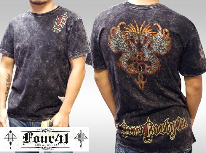Four41 Los Angeles フォーフォーティーワン メンズ ラインストーン Tシャツ ゴールデンフェニックス ブラック オレンジ KS-87 スワロフスキー インポート セレブ ブランド ス
