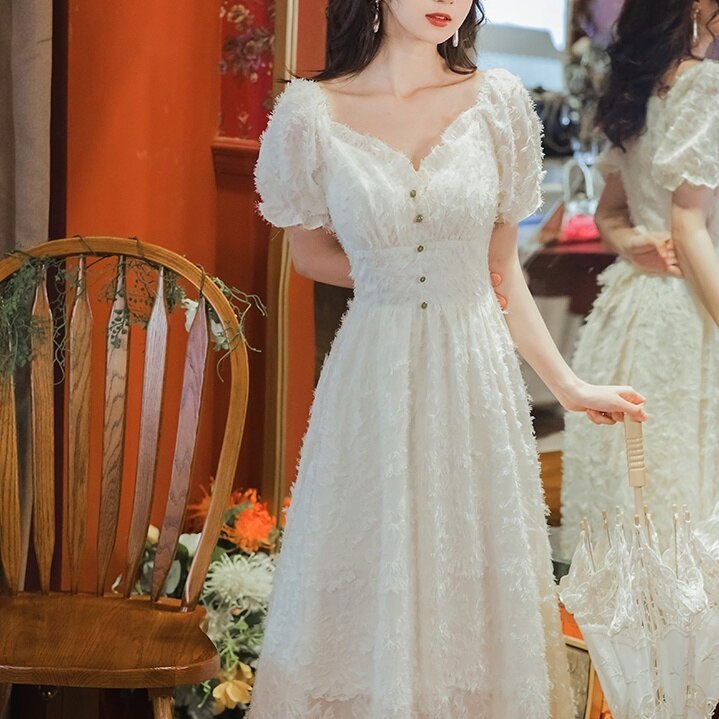 ワンピース レディース フレアワンピ 清楚系ワンピース 袖あり 半袖 パフスリーブ Vネック ロング丈 マキシ丈 ガーリー エレガント パーティ 誕生日 イベント デート ホワイト 韓国 レース