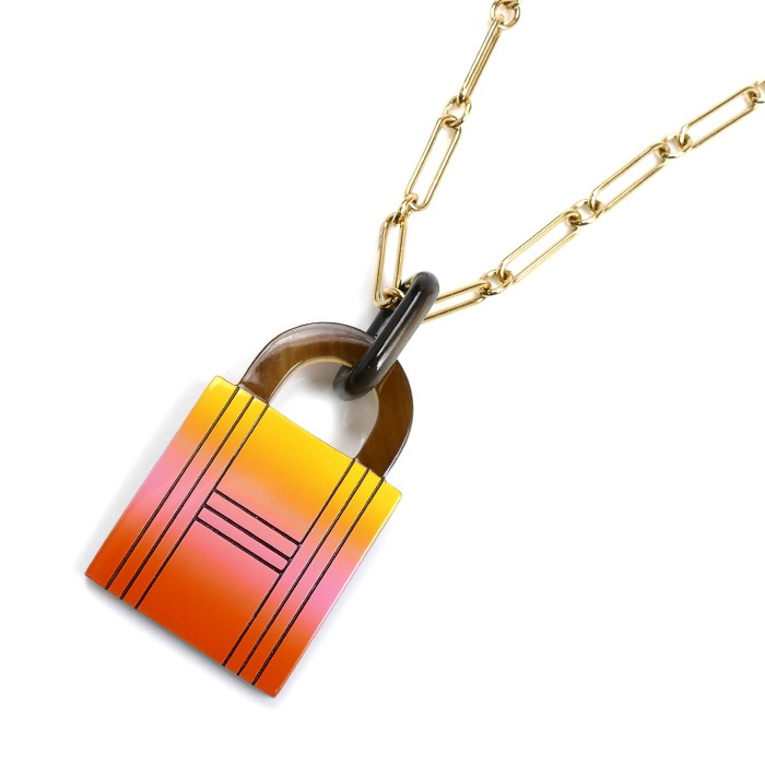 HERMES エルメス バッファローホーン GP アミュレット パドロックGM ネックレス 19.8g -85cm レディース 中古 美品