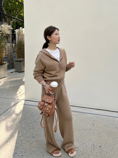 ROW STYLE_カシミヤ＆ウールゴールドマッチングフード付きセーターカーディガンジャケット/ニットパンツシリーズ