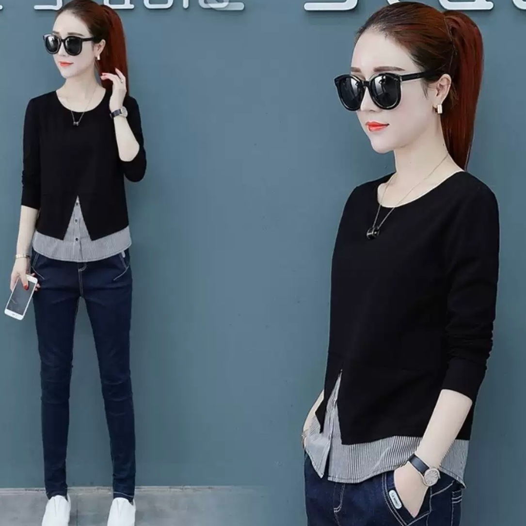 トップス シャツ ブラウス シャツ 重ね着風 異素材 異素材ミックス 袖あり 長袖 Uネック ストレート Iライン コットン 綿 大人可愛い きれいめ シンプル カジュアル 大人 上品 おしゃれ