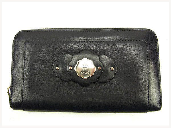 長財布 ラウンドファスナー ロゴプレート ブラック シルバー系 中古