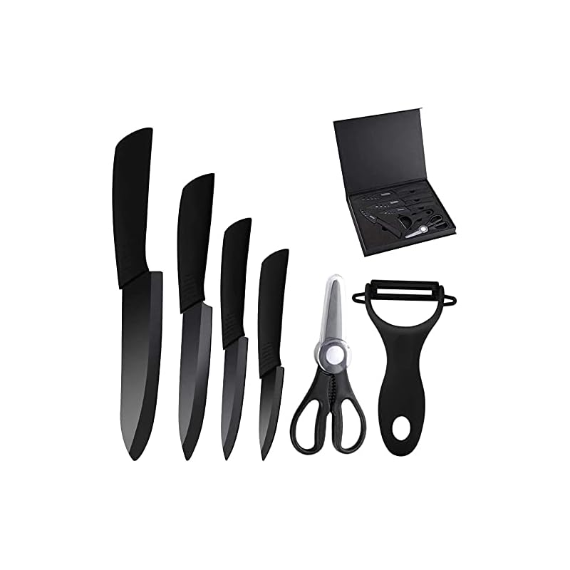 Xenabllo セラミック包丁セット ナイフ 150mm 130mm 100mm 80mm 黒刃 ４本包丁 １つ皮むき器 １つ料理はさみ セラミック製 キッチン６点セット 錆びない プロ仕様 超軽量
