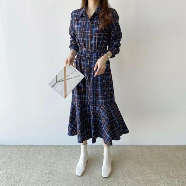 ワンピース レディース ロングワンピース シャツワンピース ロング シャツ チェック柄 ミモレ丈 きれいめ Aライン フレア 大人 上品 長袖 大きいサイズ カジュア