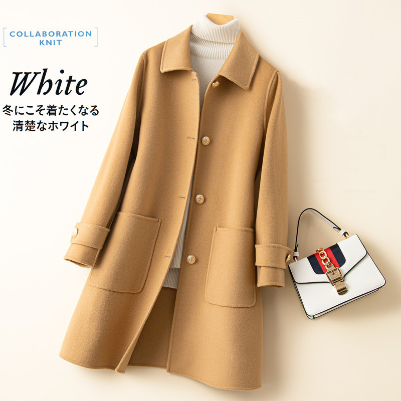 秋冬の新作ヘボン風リバーシブルカシミヤコート女性小柄ミディアムロングゆったり純ウールラシャコート