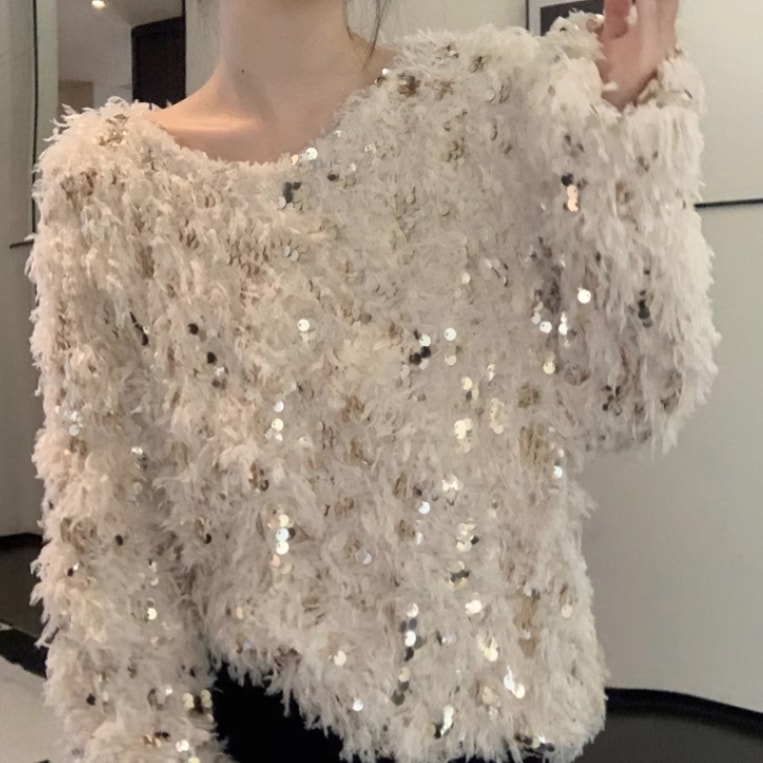 レディース トップス ニット セーター プルオーバー 長袖 萌袖 ラウンドネック ワイド もこもこ ふわふわ ふっくら 伸縮性 スパンコール かわいい 大人可愛い きれいめ シンプル カジュアル