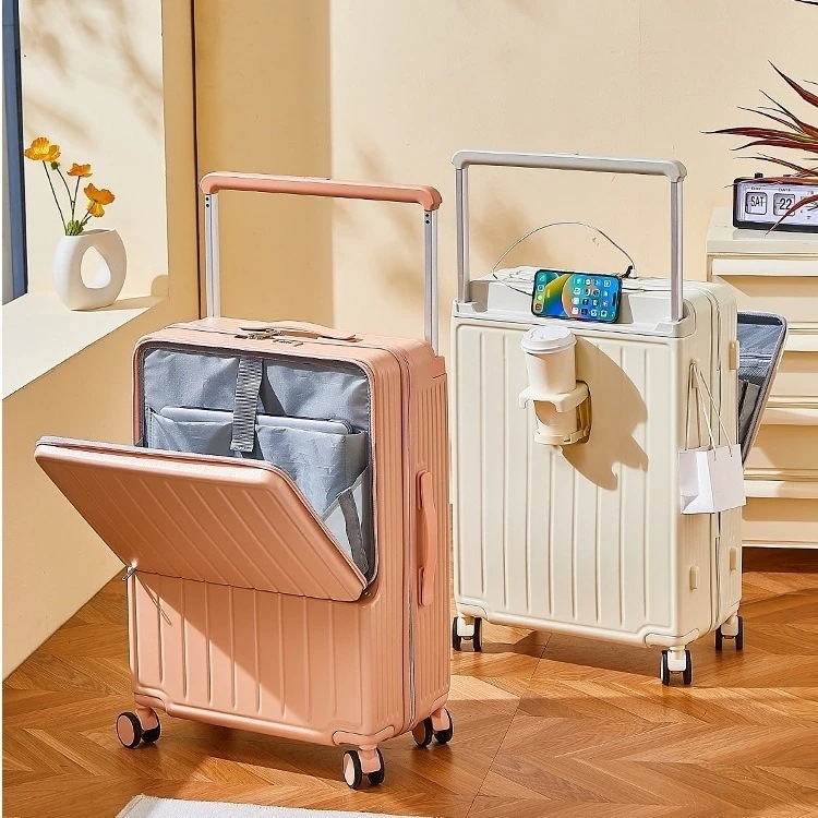 スーツケース スーツケース 機内持ち込み フロントオープン 旅行 旅 海外旅 ビジネス 出張 静音 キャリーケース キャリーバッグ カップホルダー付き USB充電ポート 360度
