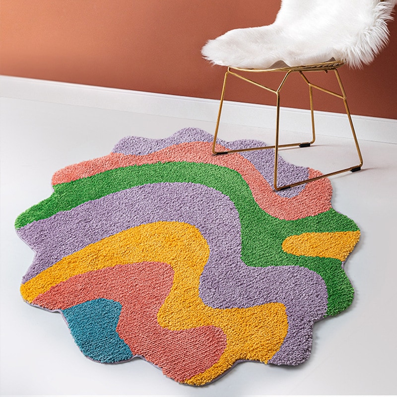 ラグ 絨毯 カーペット ふわふわ 波 幾何学模様 抽象的 洗濯機で洗える 95*95 カラフル なみなみ ラウンド 円 滑り止め リビング 寝室