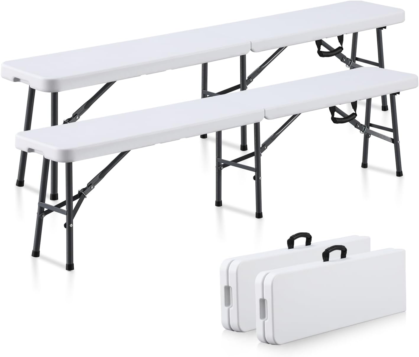 BOOSDEN 折りたたみ式ベンチ 185x30x42cm 2点セット アウトドアベンチ ガーデンベンチ 長椅子 コンパクト 組立不要 スツール 軽量 屋外 庭 イベント用 ホワイト