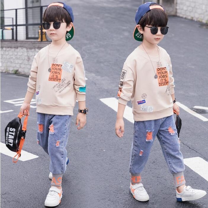 超人気sm 子供服 セットアップ 男の子 長袖 春秋 秋着 上下セット 韓国子供服 キッズ デニムパンツ 可愛い おしゃれ 長ズボン 通学着 新品 Tシャツ ジュニア 小学生 安全shopping