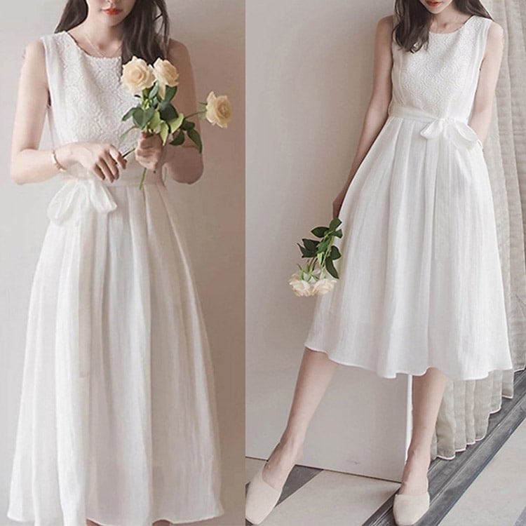 ワンピース レディース 女性用 Aライン ミドル丈スカート 抜け感 ミディアム丈 ウェストリボン