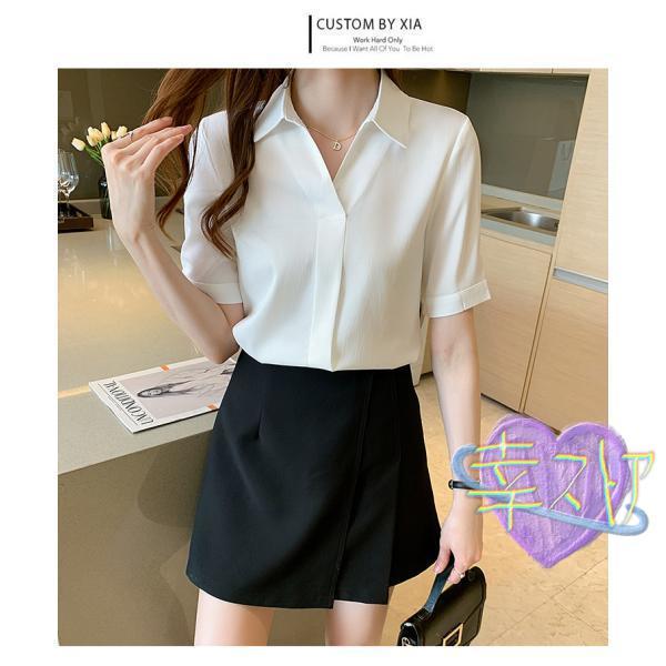 ブラウス レディース シャツ 夏 Vネック 半袖 シフォン オシャレ サラリーマン 白 上品 通勤 大人 OL トップス 30代40代50代 オフィス ビジネス