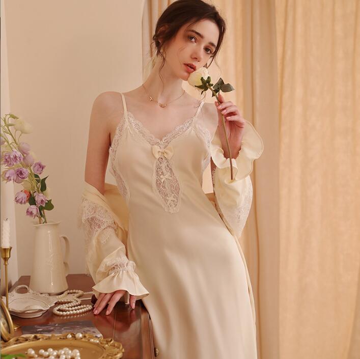 パジャマレディースパジャマ2点セット　フレア　Vネック　リボンフランスレースキャミソールワンピース+羽織　春夏秋 姫系 ワンピースパジャマ　天使風ルームウェア 寝巻き 薄手 寝間着 部屋着 体型カバー