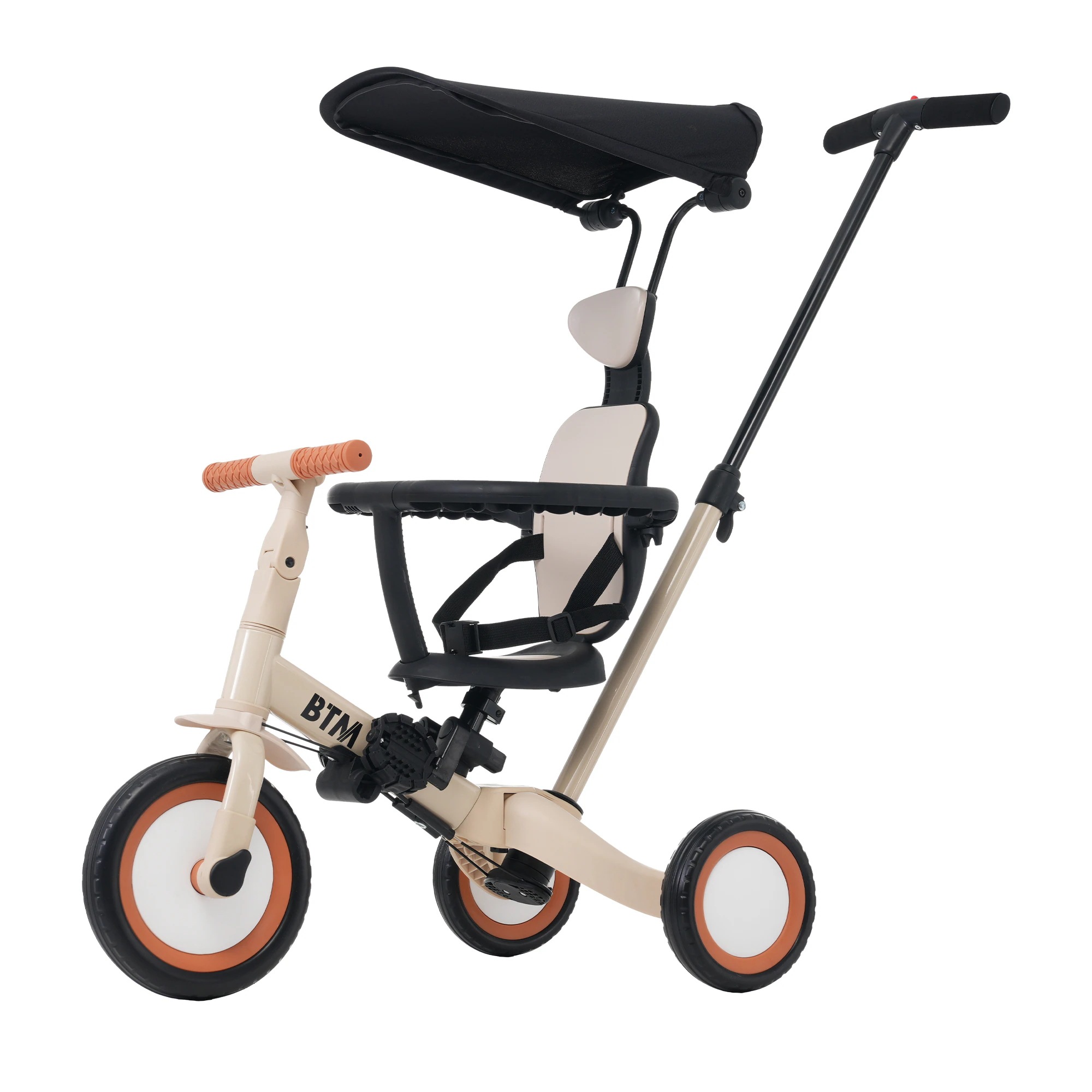 1383【ベージュ】子供用三輪車 5in1 自転車 オリジナル 押し棒付き 安全バー付き サンシェード付き