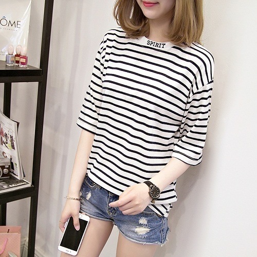 2021.六部袖ボーダーTシャツトップス(ホワイト)