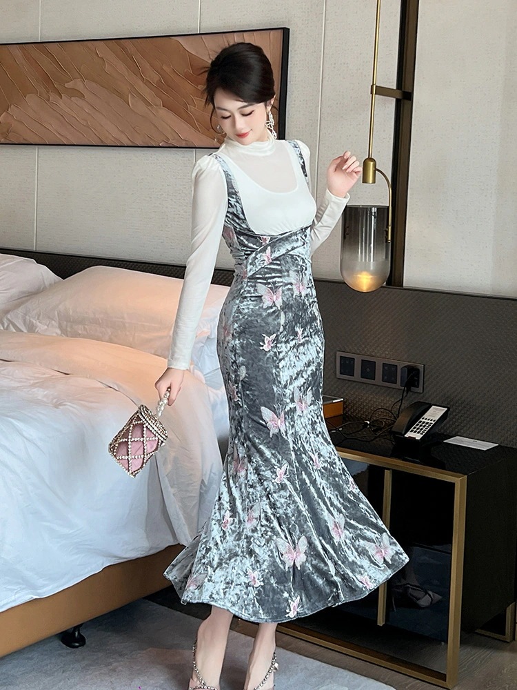 2025春新品 綺麗 ベルベット ドッキング 刺繍 ワンピース ドレス パーティー キャバ 大人 同窓会 披露宴 卒業式 結婚式 演奏会 ウェディング 二次会