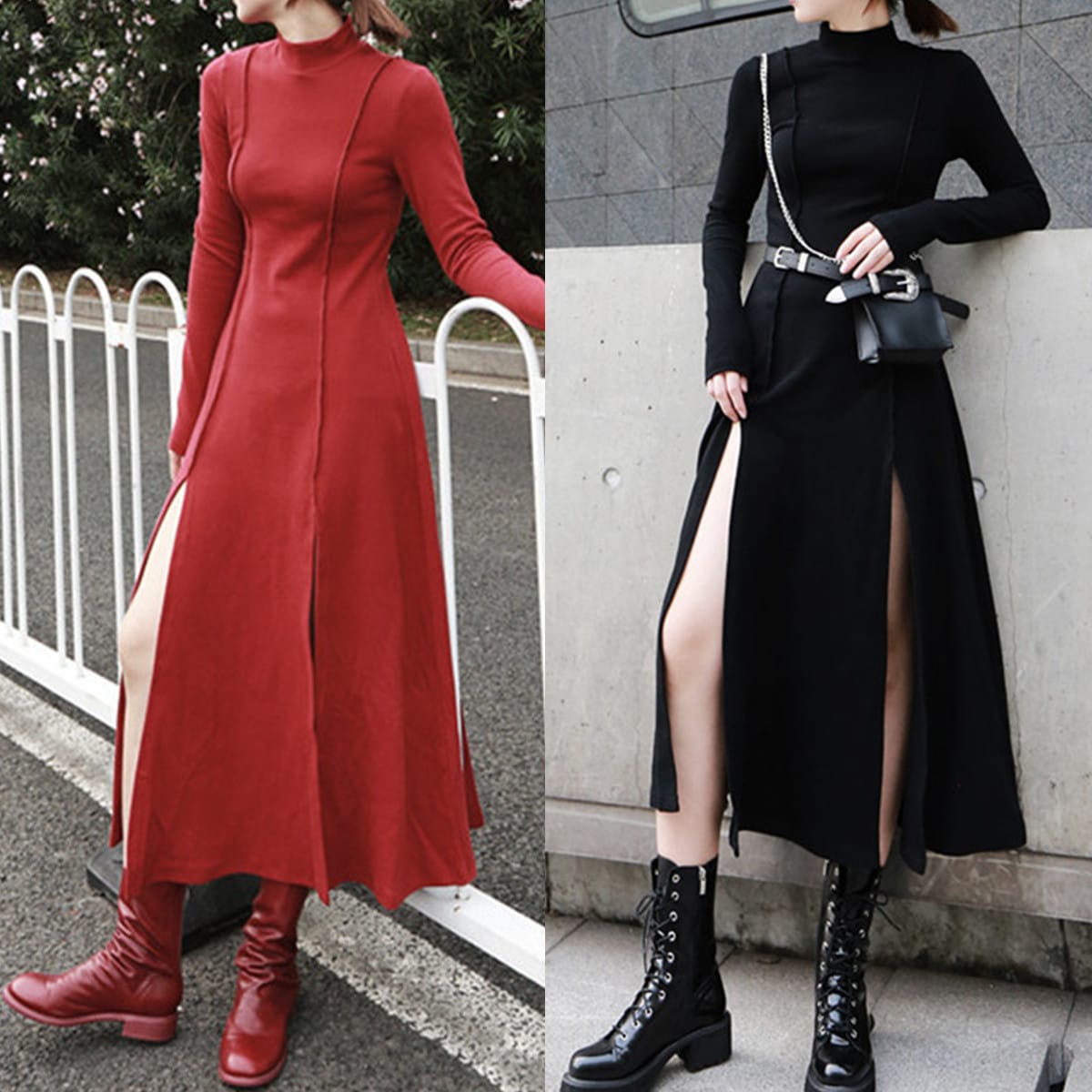 春 ハイ スリット裾 ワンピース スリム 綿 ロングワンピ30%までに制限