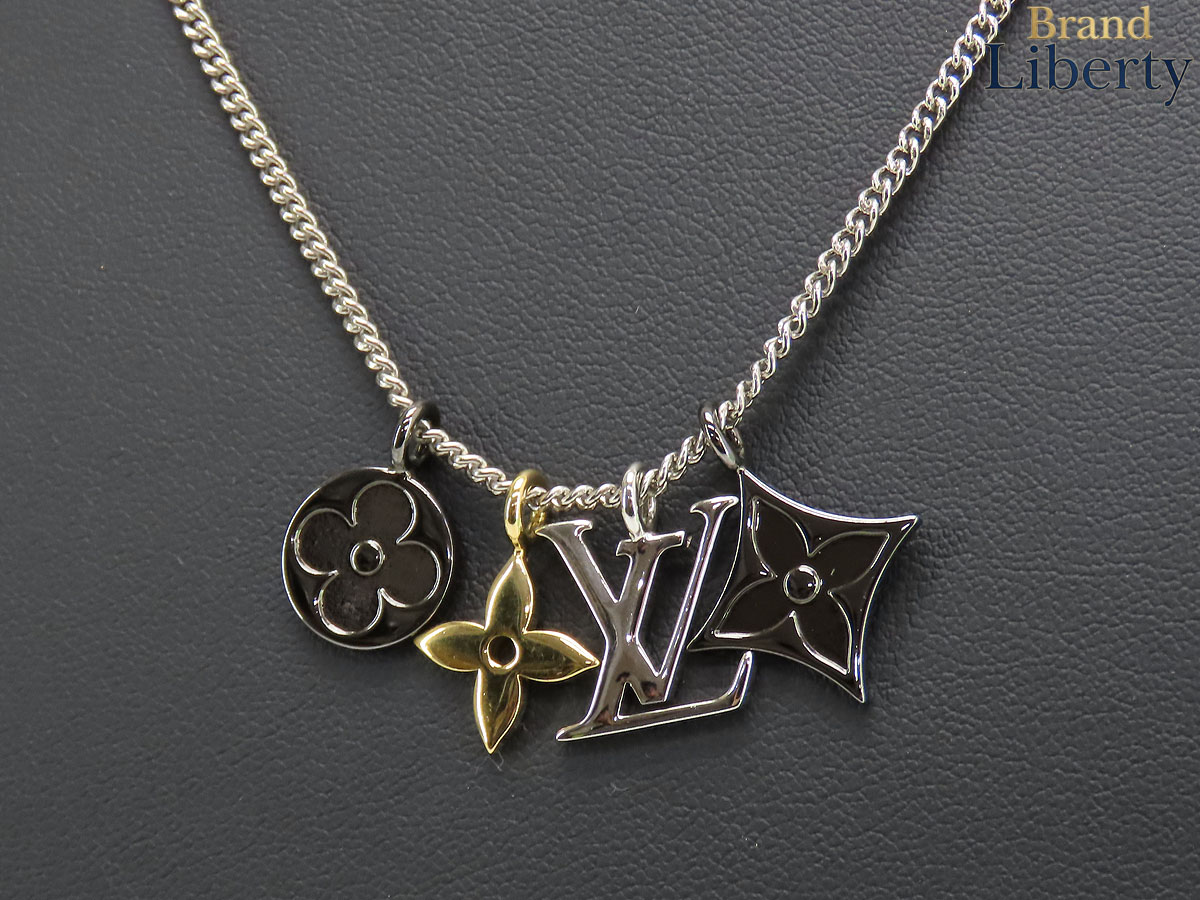 新品同様ルイヴィトンLOUISVUITTONペンダントLVインスティンクトネックレスシルバーガンメタリックシルバーゴールドM00521