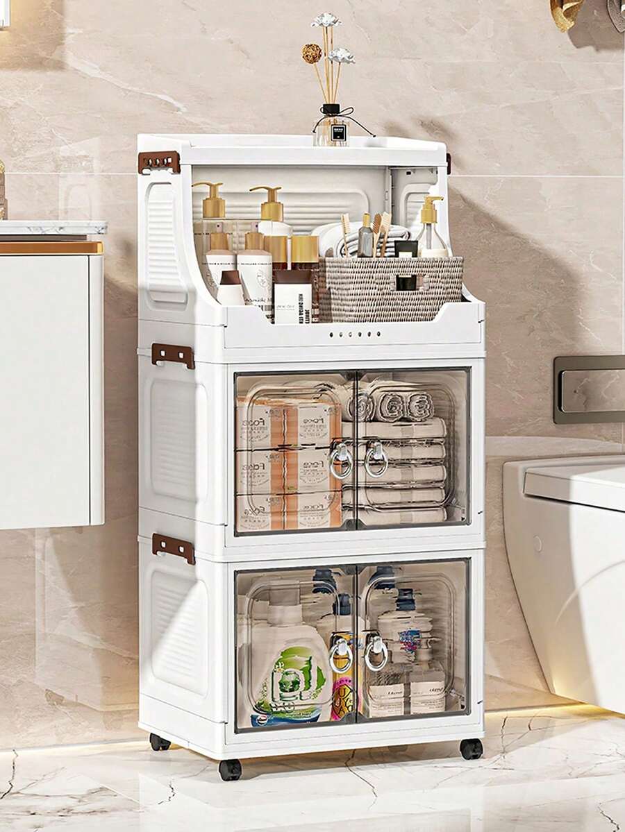 プラスチック折りたたみ収納キャビネットダブルドア 家庭用リビング おもちゃ収納寝室収納キャビネットキャスター付き衣類収納キャビネット衣類収納ボックスキッチンワゴン収納ラック