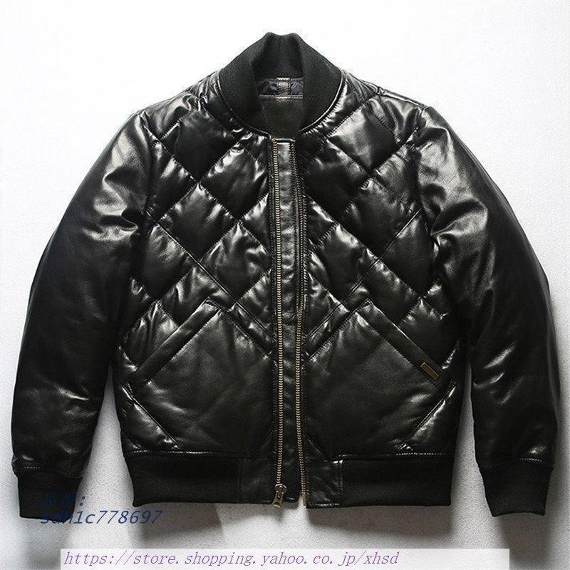 本革ダウンジャケット 菱形柄 レザーダウン 羊革ダウン 羊革 キルティング ダウン 本革ジャケット レザージャケット 防寒 メンズ