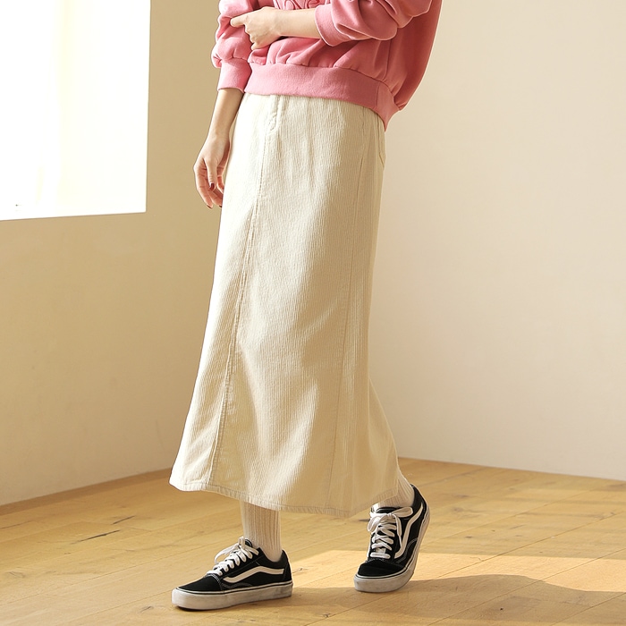 [韓国ファッション] 裏起毛 バックスリット コーデュロイ Iラインロングスカート