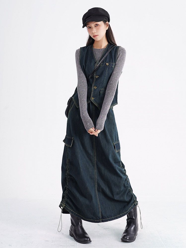 セットアップヒロイン!春の新作レトロ万能デニムスーツベストベストスカートスリム2点セット