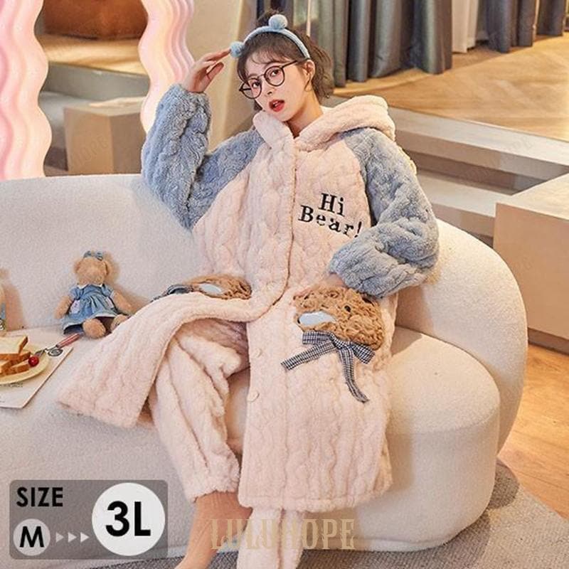 パジャマ もこもこ 熊柄 パジャマ 冬 長袖 ナイトガウン 着る毛布 前開き フード付き 寝巻き 部屋着 暖かい あったか 着ぐるみ レディース 女性 ガウン