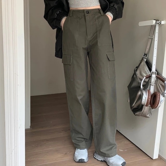 パンツ ワイド ストレート ハイウエスト 脚長効果 美脚効果 細見え 春 緑 白 黒 カジュアル ストリート 韓国ファッション レディース お出かけ