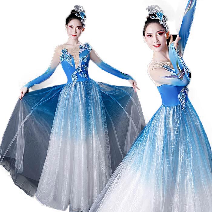 【2025限定SALE】古典舞踊 ダンス衣装 グラデーション ワンピース 社交ダンス ドレス スパンコール キラキラ 大型舞台演出ドレス ダンス衣装 モダンドレス タンゴ ワルツ 衣装 ダンス衣装 練