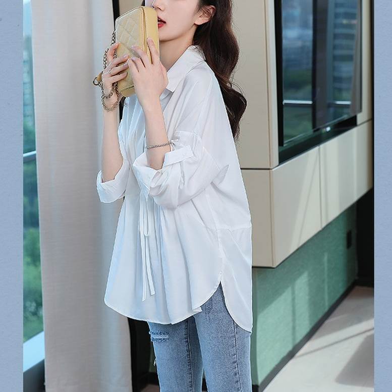 ペプラムシャツ トップス レディース シャツ ブラウス チュニックシャツ ペプラムシャツ ウエストゴム 襟付き 長袖 7分袖 フレアシャツ 無地 スタイリッシュ フェミニン 白 ホワイト 大人可愛い