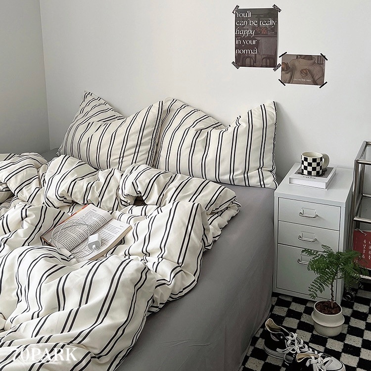 グレー ダブル ストライプ 布団カバーセット 全2種 ベッドカバー シングル ダブル 可愛い ベッドシーツ セット ベッドリネン おしゃれ 韓国 韓国インテリア 韓国雑貨 韓国っぽ インテリア雑貨