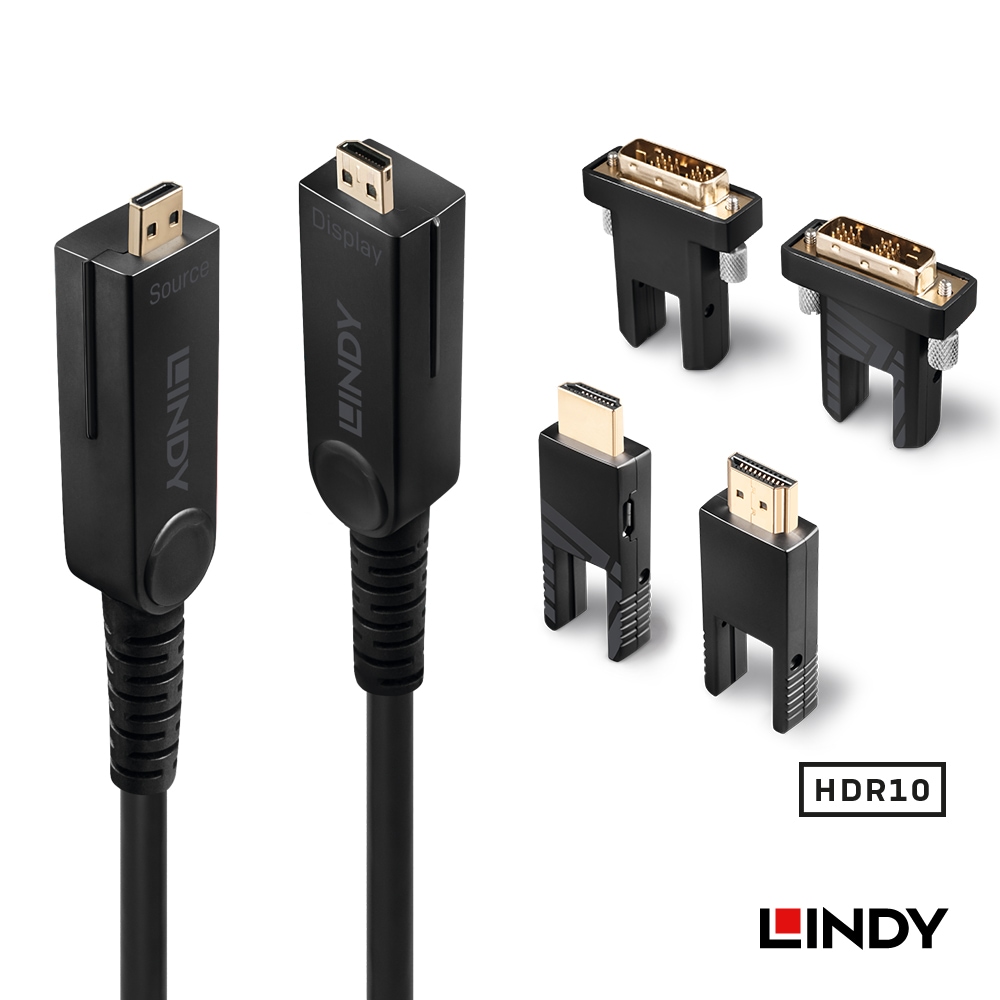 【38322】 LINDY 30m HDMI 2.0 18G 4K@60Hz 光ファイバハイブリッドケーブル HDMI to DVI変換コネクタ付