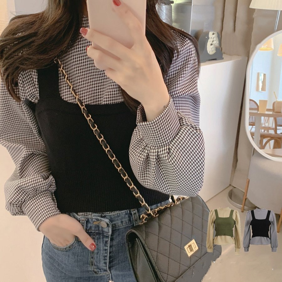 ニットキャミソール ブラウス2点セット レディース チェック柄 プチハイネック 長袖シャツ プルオ