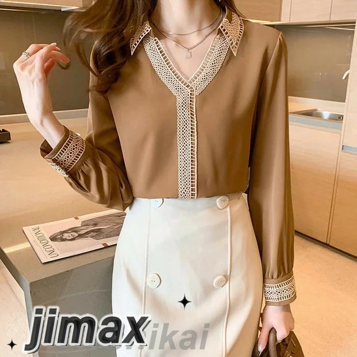 ブラウス レディース きれいめ 40代 春秋新作 オシャレブラウス 白シルク風 長袖トップス レースvネックシャツ 上品 大人 通勤 ゆったり シャツ30代 50代 8,367円