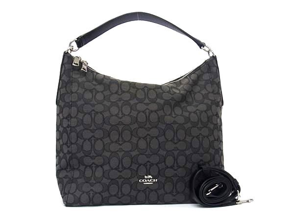 美品 COACH コーチ ショルダーバッグ シグネチャー F58327 グレー ブラック キャンバス レザー レディース 2WAY【本物保証】